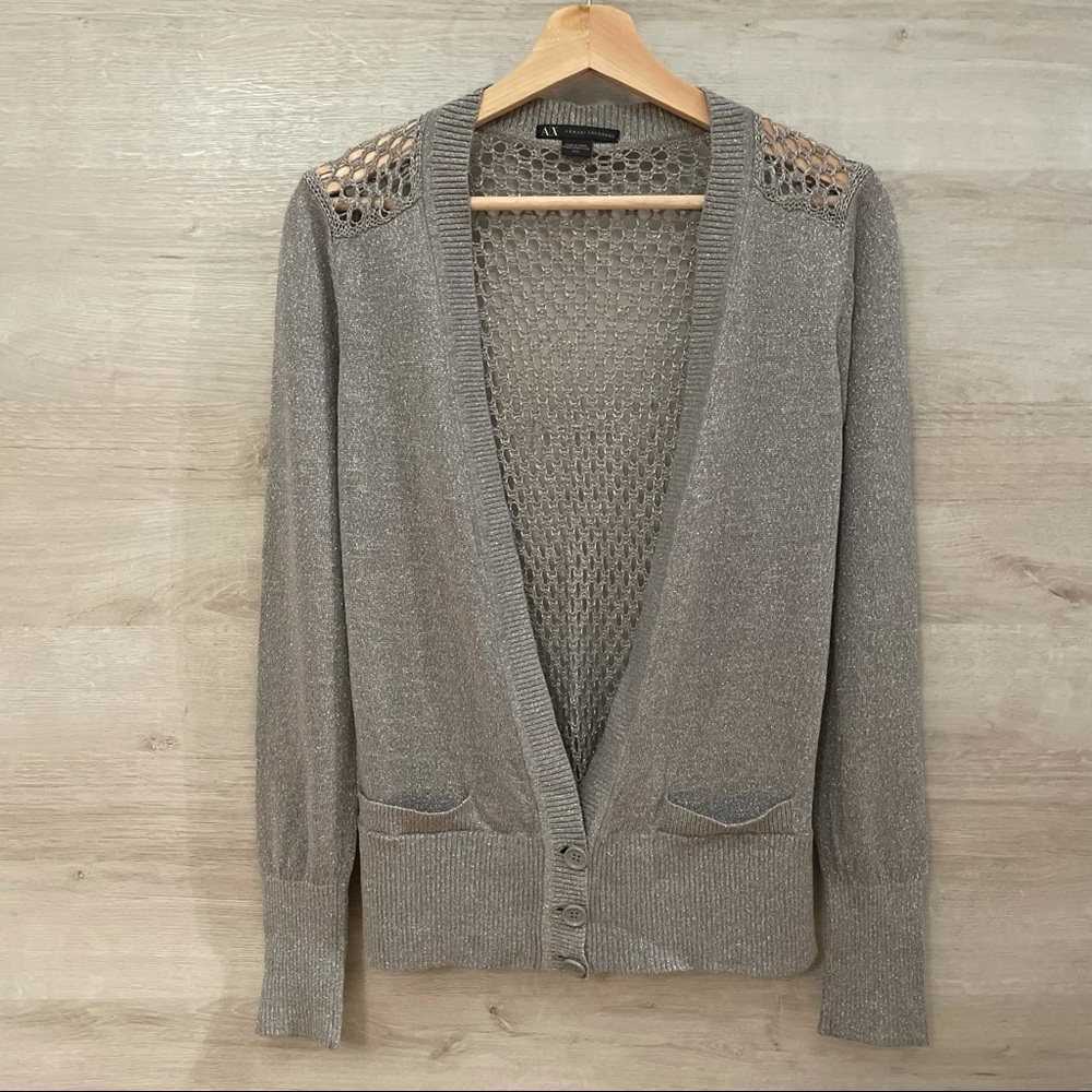 NWOT Armani Exchange Shimmery Sparkly Silver Knitted Eyelet Open Back Cardigan